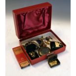 Miniature silver picture frame, papier-mâché snuff box, miniature dominoes, Robertson's Golly badges