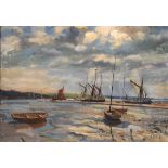 A. Butler - Oil on canvas - Estuary scene with sailing vessels, signed, 65cm x 90cm, framed