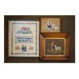 Victorian needlepoint picture depicting a girl with a sheep, 17.5cm x 21cm, framed and glazed,