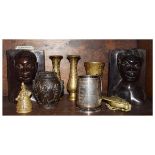 Pair of carved hardwood bookends, a cast bronze vase, various brassware etc Condition: