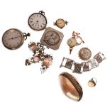 Two pocket watches, two 9ct gold cased lady's wristwatches, silver brooch, filigree necklace with