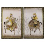 WITHDRAWN FROM SALE - Pair of Mogul style watercolours - Figures on horseback, 15.5cm x 9cm, framed