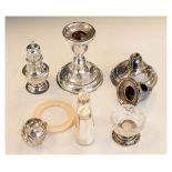 Victorian silver pepperette, London 1899, silver rattle, Birmingham 1955, pair of silver