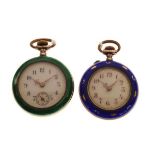 Two Swiss enamelled white metal fob watches, one with Royal blue enamel, the other green (2)