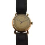 Trebex - Gents 9ct gold wristwatch, Arabic dial, red centre seconds sweep, to a black leather