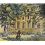 J.M. Briggs - Pencil and watercolour - Figure outside a mansion, signed lower right, 29 x 34.5cm,