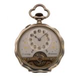 Continental white metal open faced pocket watch, the cut-away face having Arabic cellular dial