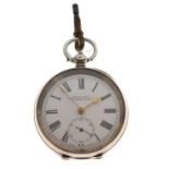 Silver open-face pocket watch, the black Roman dial with subsidiary at VI, inscribed Kendal and