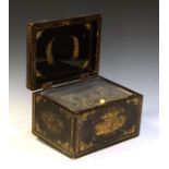 19th Century Chinese lacquered tea caddy, the hinged cover opening to reveal a pewter lined interior