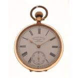 Yellow metal open faced pocket watch, white Roman dial inscribed 'Six Prize Medals J.N. Masters