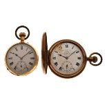 Two early 20th Century gold-plated pocket watches comprising: an open faced example with white Roman