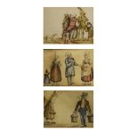 Three 19th Century watercolours depicting figures in traditional dress, one with dog, each 11cm x