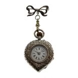Lady's Swiss white metal heart-shaped fob watch with white Roman dial, the engraved case stamped 0,