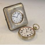 Two nickel plated top wind Goliath pocket watches, one contained in a George V silver easel watch