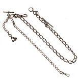 Silver curb-linked watch Albert with T bar and clip, together with a smaller example, 1.5ozt