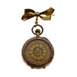 Lady's yellow metal open face fob watch, with gilt Roman dial with lobed border, the engraved case