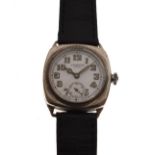 J.W.Benson - Gents silver cased wristwatch, white Arabic dial with subsidiary at 6, black leather