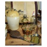 Group of collectables to include; oval copper kettle, brass candlesticks and shovel, stoneware