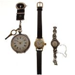 Three assorted watches comprising: lady's Swiss white metal fob watch, white Roman dial, case back