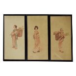 Two Japanese wood block prints, 37cm x 16cm, three Japanese watercolours, each signed Ryuko, 32cm