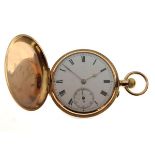 Yellow metal full hunter cased pocket watch, the white Roman dial with subsidiary at VI, case