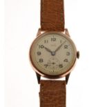 Frey - 9ct gold wristwatch, champagne Arabic dial with subsidiary at 6, tan leather strap Condition: