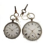 Two silver open-faced pocket watches, the first with white Roman dial and subsidiary at VI, the