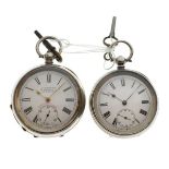 Two silver open-faced pocket watches, each having white Roman dial and subsidiary at VI, the first