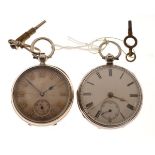 Two silver open-face pocket watches, the first with white Roman dial and subsidiary at VI, the