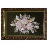 Mai Williams - Framed shell collage imitating a floral spray within gilt frame under glass,