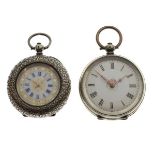 Two Continental white metal open face fob watches, the first with blue Roman numerals and engraved