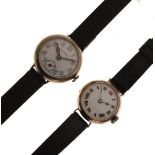 Early 20th Century lady's silvered wristwatch, white Roman dial with red numeral XII, black