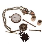 Silver cased fob watch, two thimbles, fob medallions etc Condition: