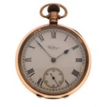 9ct gold open-face pocket watch, white Roman dial with subsidiary at VI, inscribed Waltham, 85g