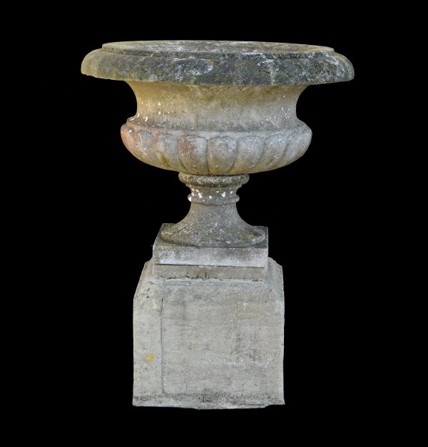 Antique marble urn of squat Campana type, 79cm diameter x 62cm high on an associated stone