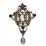 Austro Hungarian enamel blister pearl and stone set brooch, 5cm long including the drop Condition: