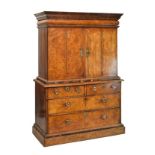 19th Century burr walnut cabinet on chest, in the early 18th Century taste, the crossgrain-moulded