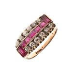 Diamond and calibré ruby ring, indistinctly marked, the central line of rectangular cut stones