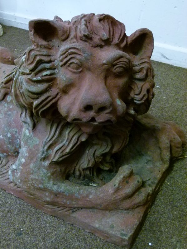 Garden Statuary - Large moulded terracotta model of a recumbent lion on integral rectangular base, - Image 2 of 8