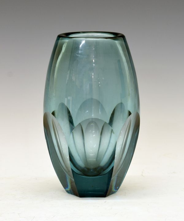 Keith Murray green cut glass ovoid vase, probably for Stevens & Williams, the hexagonal lower half