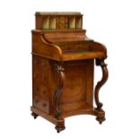 Mid Victorian figured walnut piano-top Davenport, the superstructure with gilt metal three quarter