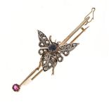 Gem set butterfly bar brooch, unmarked, set with rose cut diamonds to the wings and abdomen,