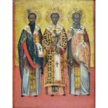 19th Century Russian Icon - The Three Holy Hierarchs, painted on a braced wooden panel, 42cm x