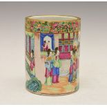 Cantonese Famille Rose brush pot typically decorated with figures on a terrace, 16cm high Condition: