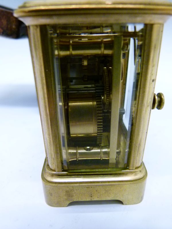 Early 20th Century brass cased 'mignonette' carriage timepiece, having a white Roman dial and single - Image 5 of 9