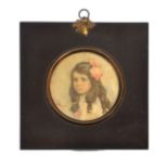 Early 20th Century English School - Circular miniature - Portrait of a young girl with a pink ribbon