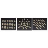 Collection of 19th Century Chinese mother-of-pearl gaming tokens, various shapes including; fish,