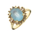 Blue topaz and diamond cluster ring, stamped '14k', the oval cut stone enclosed by seven small