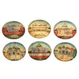 Six small 19th Century Indian oval watercolour miniatures on ivory - Architectural Views, 3.5cm x