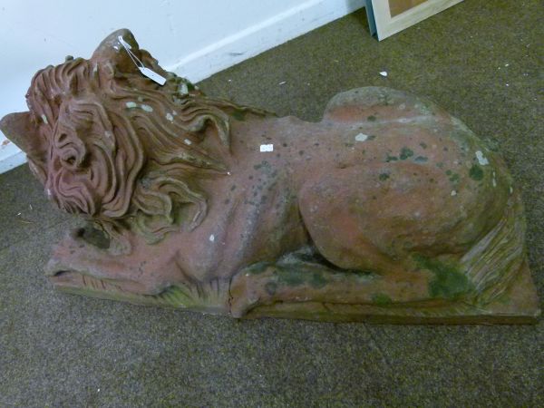 Garden Statuary - Large moulded terracotta model of a recumbent lion on integral rectangular base, - Image 5 of 8